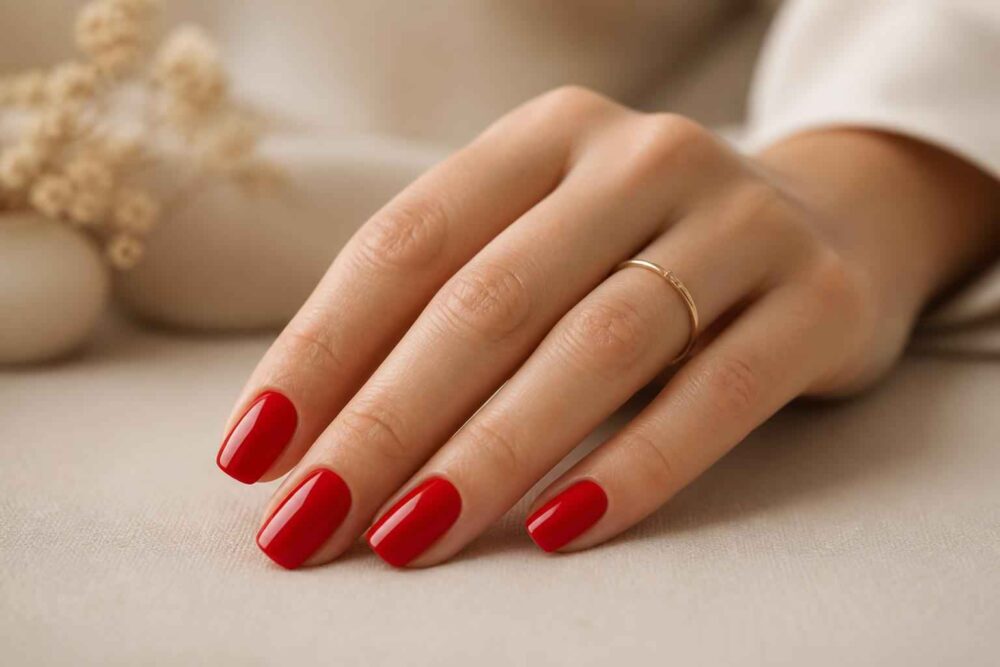 Dłoń z intensywnie czerwonym manicure i cienkim złotym pierścionkiem na jasnej tkaninie