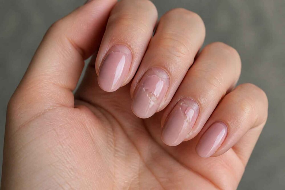 Dłoń z jasnoróżowym manicure Zbliżenie dłoni z naturalnie wyglądającymi paznokciami w jasnoróżowym odcieniu