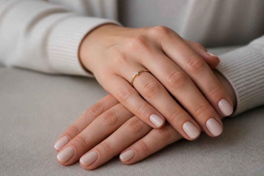 Zadbane dłonie z jasnym manicure i delikatnym pierścionkiem na palcuાન્ય
