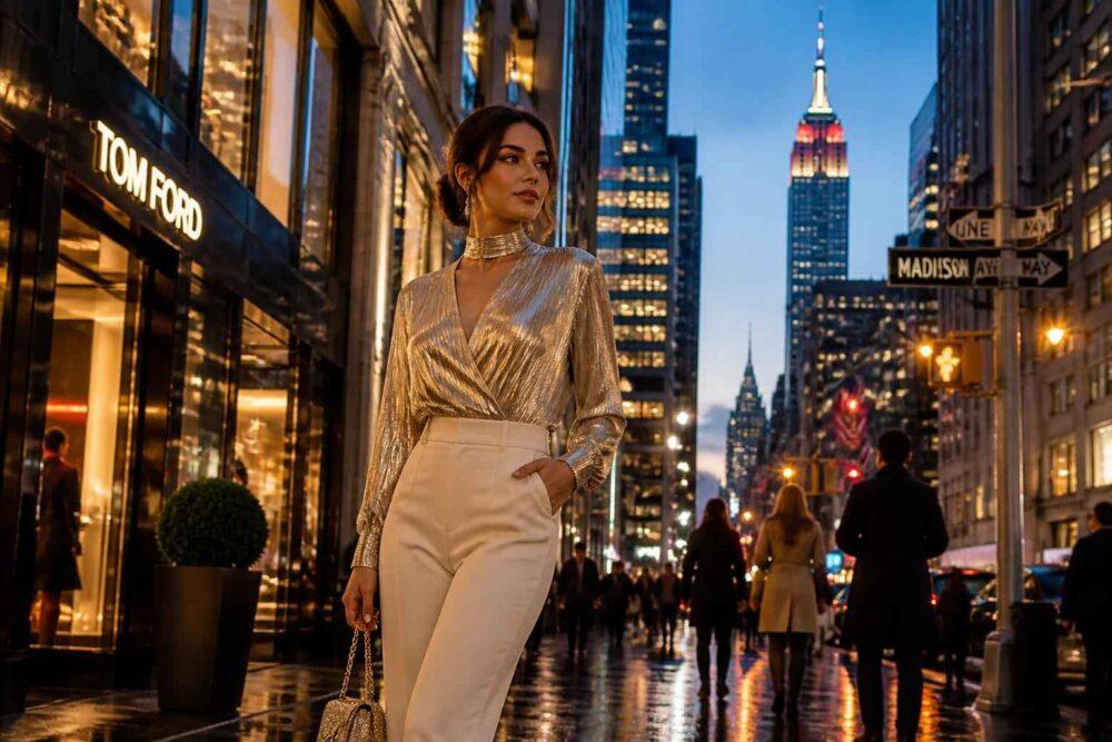 Elegancka kobieta spaceruje wieczorem ulicą Nowego Jorku na tle Empire State Building