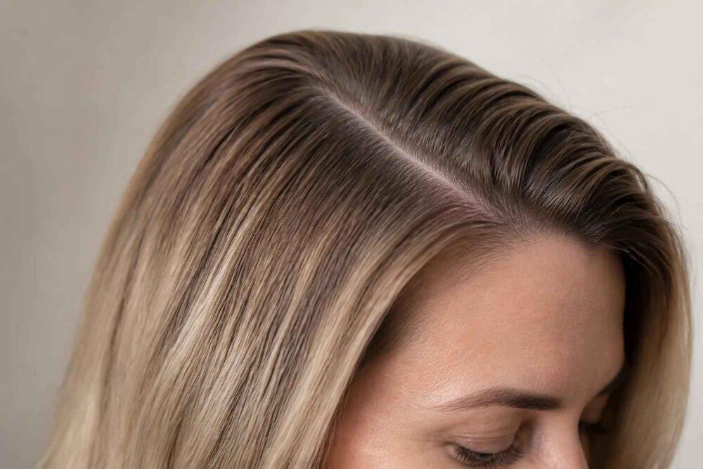 Zbliżenie blond włosów z wyraźnym przedziałkiem na środku głowy