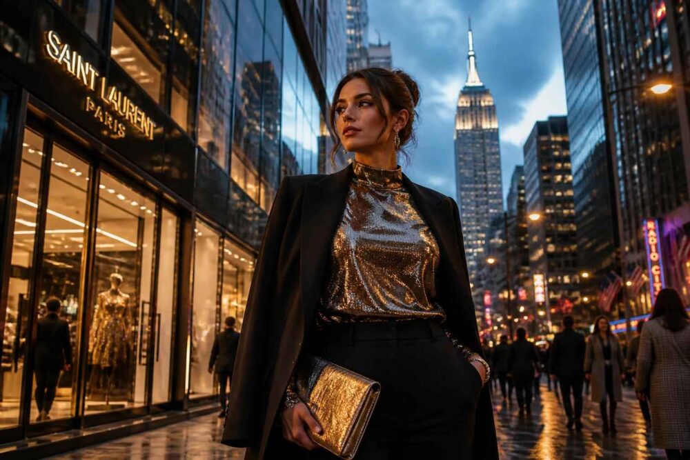 Kobieta w eleganckiej stylizacji na Manhattanie Elegancka kobieta z kopertówką spaceruje wieczorem ulicą Manhattanu na tle Empire State Building