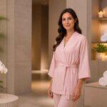 Kobieta w różowym stroju stoi w eleganckim wnętrzu spa z ręcznikami, świecami i orchideą
