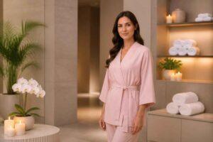 Kobieta w różowym stroju stoi w eleganckim wnętrzu spa z ręcznikami, świecami i orchideą