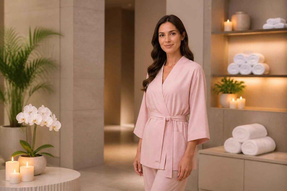 Kobieta w różowym stroju stoi w eleganckim wnętrzu spa z ręcznikami, świecami i orchideą