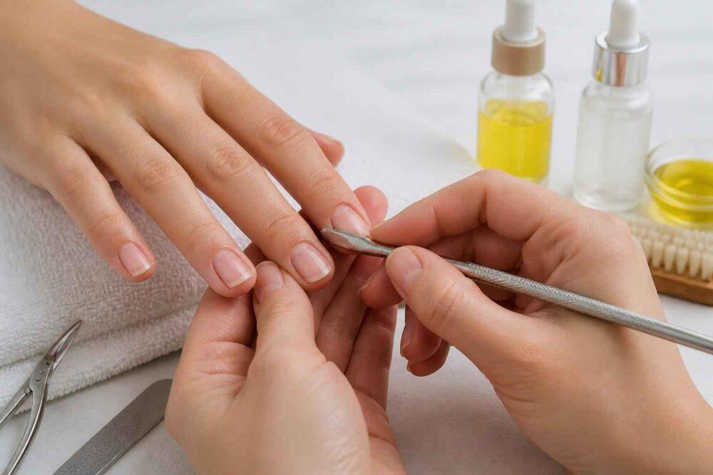 Manicurzystka opracowuje skórki przy paznokciach metalowym narzędziem podczas manicure