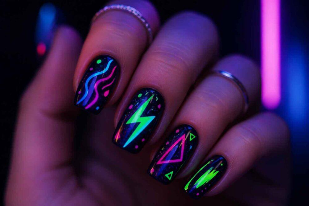Dłoń z czarnym manicure ozdobionym neonowymi wzorami geometrycznymi w świetle UV