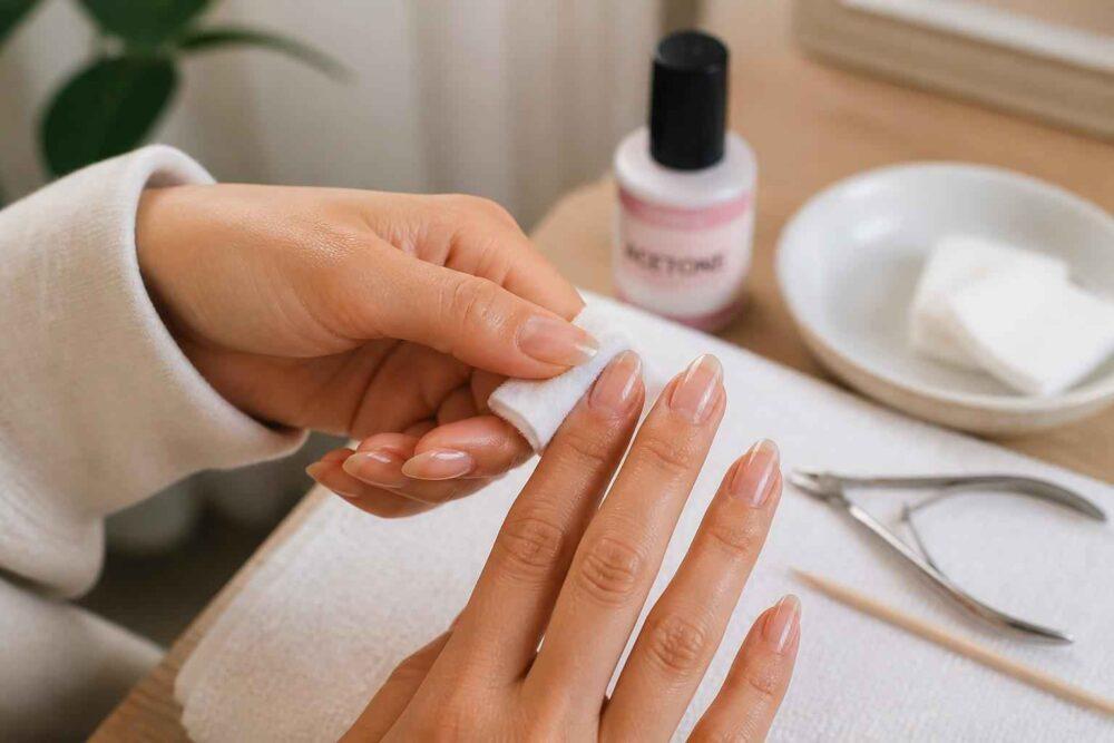 Dłonie podczas manicure i pielęgnacji paznokci przy użyciu wacika