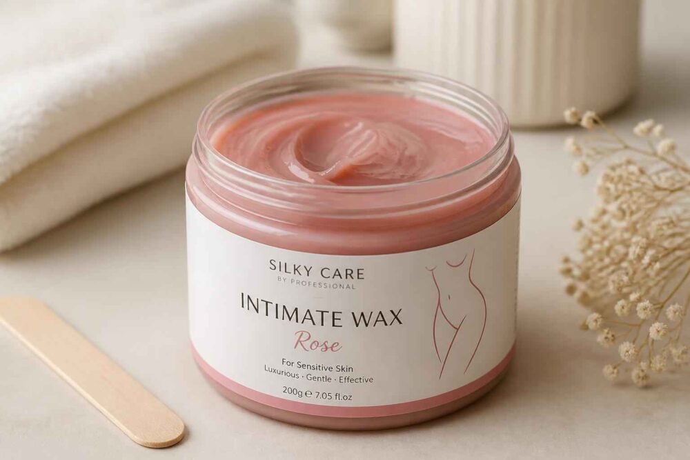Różowy wosk do depilacji Silky Care Słoiczek różowego wosku do depilacji z drewnianą szpatułką na jasnym tle spa